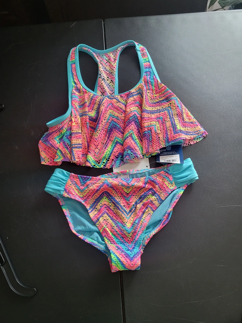 Girls' Rainbow Chevron Ruffle Tankini - Teal Trim